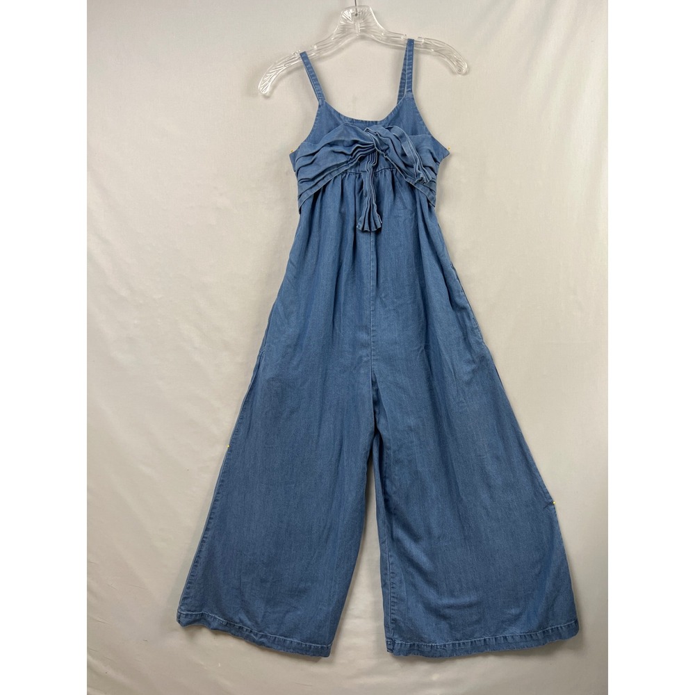 Habitual Girl Denim Jumpsuit Size 12 Blue Wide Leg Bow Front Chambray